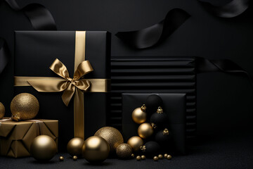 Black gift boxes on a black background Minimalist black flat lay. Black gift boxes with ribbons on black surface, black friday concept, gift for man, father, husband.
