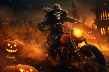 Fototapeta na wymiar halloween witch with a pumpkin and a motorbike