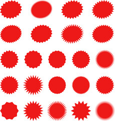 Starburst red sticker set - collection of special offer sale oval and round shaped sunburst labels and badges. Promo stickers with star edges. Vector.