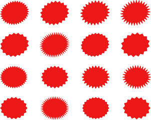 Starburst red sticker set - collection of special offer sale oval and round shaped sunburst labels and badges. Promo stickers with star edges. Vector.