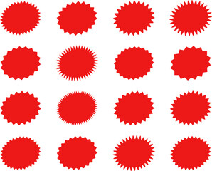 Starburst red sticker set - collection of special offer sale oval and round shaped sunburst labels and badges. Promo stickers with star edges. Vector.
