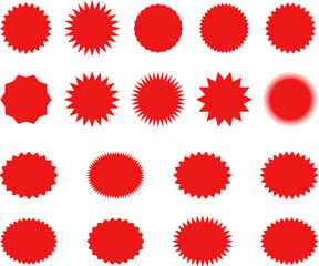 Starburst red sticker set - collection of special offer sale oval and round shaped sunburst labels and badges. Promo stickers with star edges. Vector.