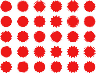 Starburst red sticker set - collection of special offer sale oval and round shaped sunburst labels and badges. Promo stickers with star edges. Vector.