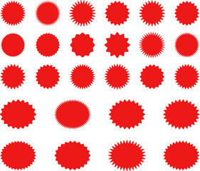 Starburst red sticker set - collection of special offer sale oval and round shaped sunburst labels and badges. Promo stickers with star edges. Vector.