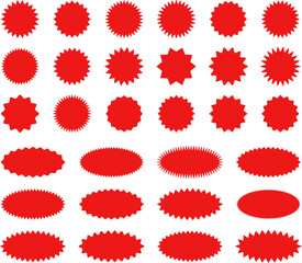 Starburst red sticker set - collection of special offer sale oval and round shaped sunburst labels and badges. Promo stickers with star edges. Vector.