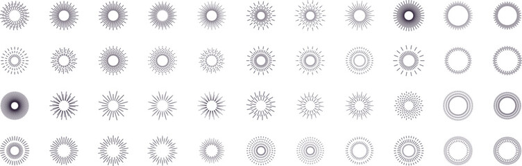 Vintage sunburst collection. Big set sunburst best quality. Radial sunset beams. Fireworks. Vector illustration.