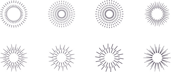 Vintage sunburst collection. Big set sunburst best quality. Radial sunset beams. Fireworks. Vector illustration.