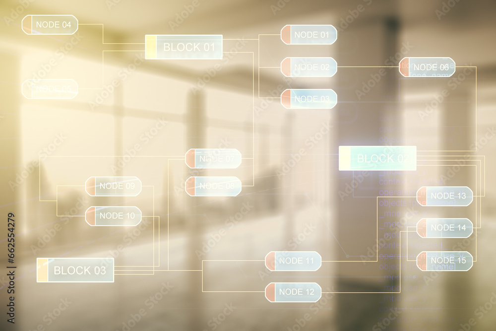 Poster multi exposure of abstract software development hologram on empty modern office background, research