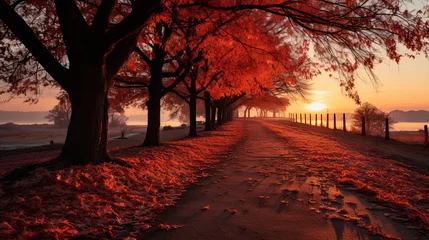 Papier Peint photo Lavable Bordeaux Red forest in fog with country road at sunset in autumn in Ukraine. Colorful landscape with road in tunnel of foggy trees, orange leaves in fall. Autumn colors. Woods with vibrant foliage and sunlight