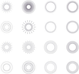 Vintage sunburst collection. Big set sunburst best quality. Radial sunset beams. Fireworks. Vector illustration.