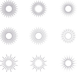 Vintage sunburst collection. Big set sunburst best quality. Radial sunset beams. Fireworks. Vector illustration.