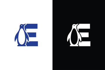 Letter E logo illustration combining penguin. letter E penguin logo elegant, unique, modern, sharp and easy to apply in any media - obrazy, fototapety, plakaty