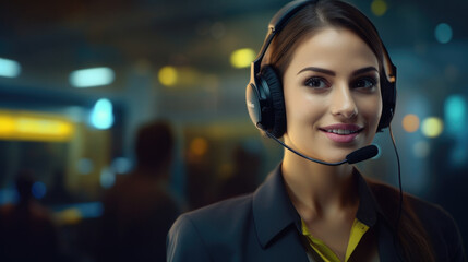 Call center, young woman and smile in contact us with CRM, headset with mic and mockup space. Customer service consultant, happy female and telemarketing with sales and help desk