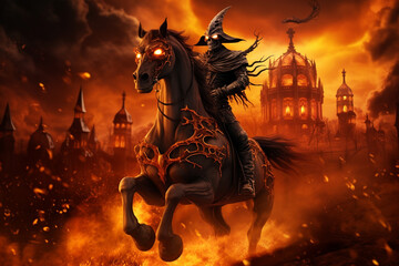 Halloween concept,dead knight riding horse in the fire