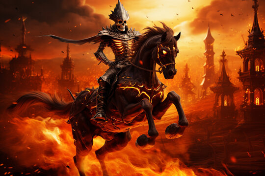 Halloween concept,dead knight riding horse in the fire