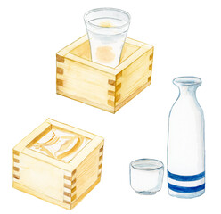 手描き水彩の枡と徳利に入った日本酒イラストセット, Hand-painted Watercolor Japanese Sake Illustration Set (Masu & Tokkuri)