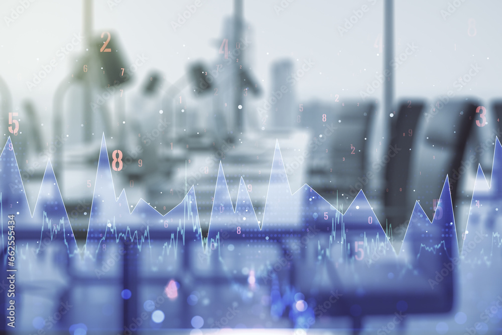 Poster Abstract virtual stats data hologram on a modern furnished office background. Multiexposure