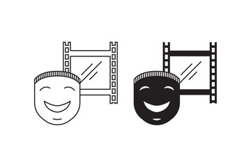 theatre masks and black film drama and comedy. cinema movie icon, ready for watch comedy movie in theatre. Media film for entertainment. cinema mask icon vector illustration - obrazy, fototapety, plakaty