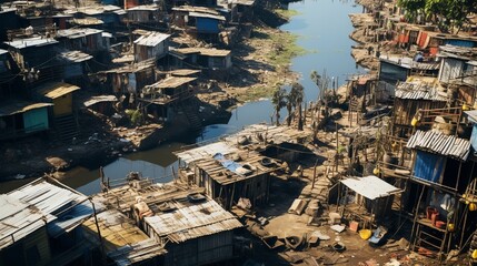 : A sprawling shantytown, illustrating the issue of housing inequality.
