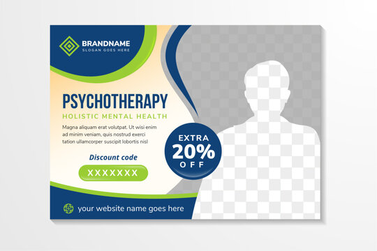 abstract flyer design template with example headline is phscotherapy, holistic mental health. Space of photo collage. Advertising banner with horizontal layout. brown background, blue green elements.