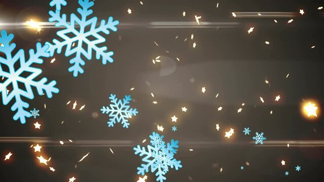 Animation of snowflakes and illuminated stars with lens flares over black background