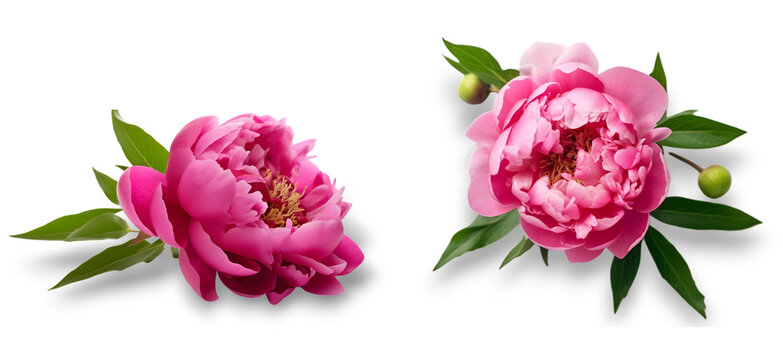 Pink peony flowers isolated on transparent background. Top view.