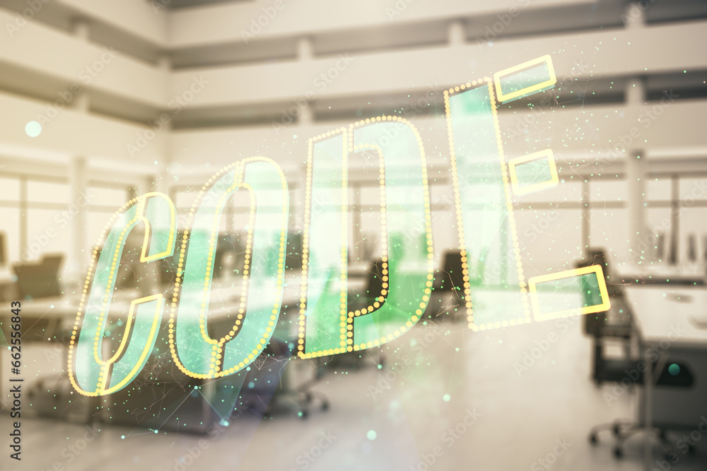 Poster code word hologram on modern corporate office background, artificial intelligence and neural network