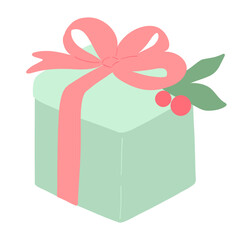 Mint and pink colored Christmas gift box with mistletoe 