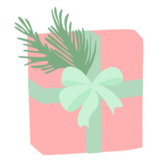 Mint and pink colored Christmas gift box with mistletoe 