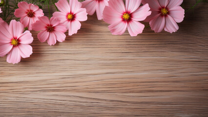 Fototapeta na wymiar Cosmos Flower on Wood Background with Copy Space