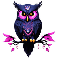 Fototapeta premium A large owl with large, intelligent amber eyes. Fur in shades of midnight pink .