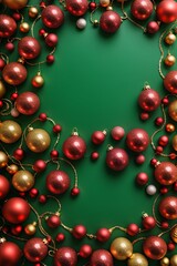 A festive Christmas wreath is decorated with a variety of red, gold, and green ornaments. The wreath is made of pine branches and has a green background.