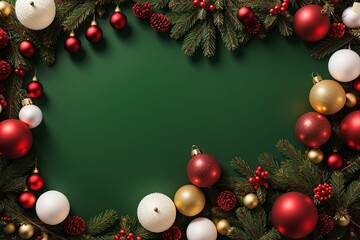 A festive Christmas wreath is decorated with a variety of red, gold, and green ornaments. The wreath is made of pine branches and has a green background.