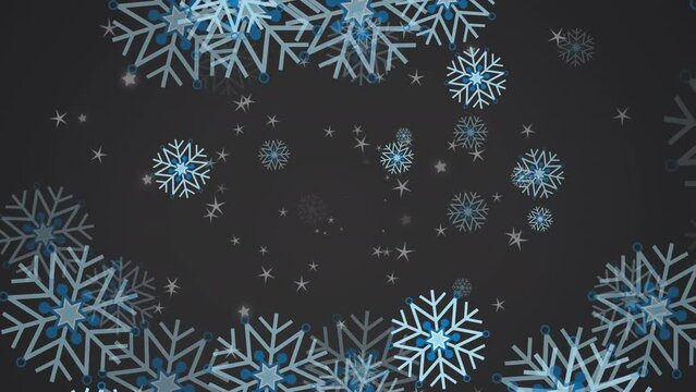 Animation of shining stars and snowflakes floating against grey background with copy space
