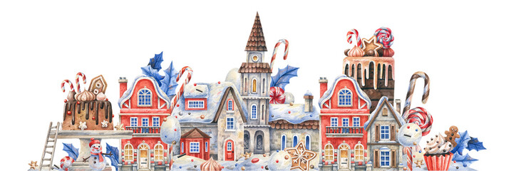 Naklejka premium Christmas snowy street with cozy houses, Christmas sweets and plants, fairytale watercolor illustration. Cakes, cupcakes, candies, vintage houses Christmas background.