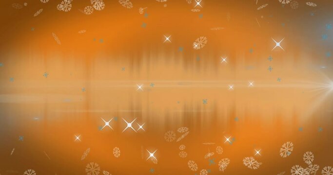 Animation of snowflakes and shining stars icons against orange background with copy space
