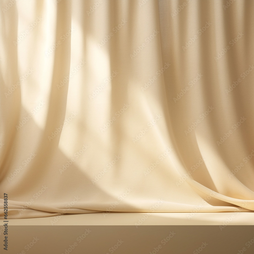 Poster empty curtains stage light on beige background texture. mock up product display podium with generati