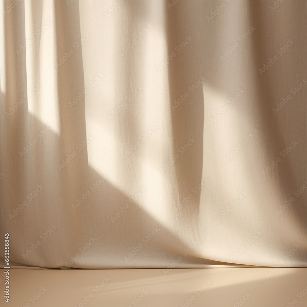 Poster empty curtains stage light on beige background texture. mock up product display podium with generati