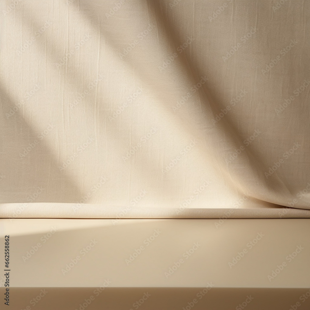 Poster empty curtains stage light on beige background texture. mock up product display podium with generati