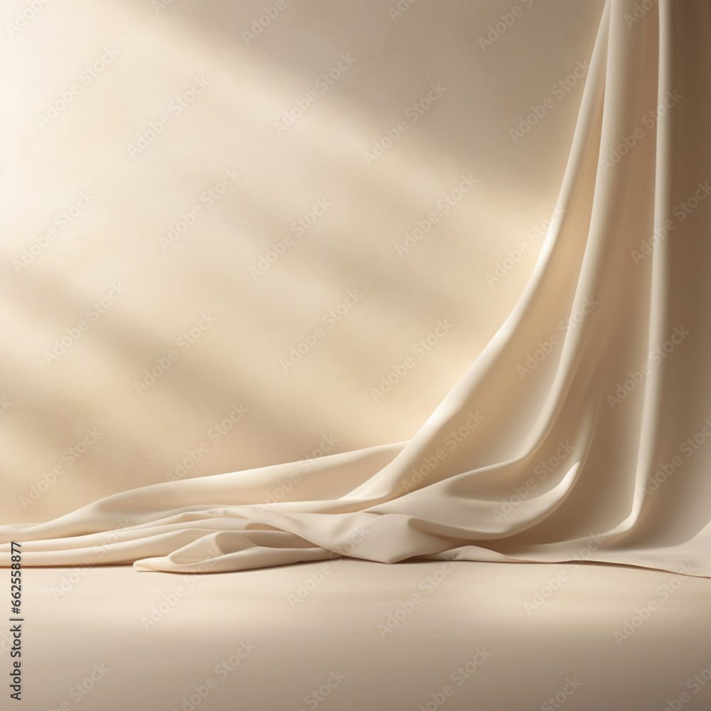 Poster empty curtains stage light on beige background. mock up product display podium with generative ai.