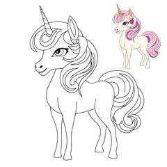 Cute unicorn coloring page. Isolated unicorn coloring page. Vector illustration. 