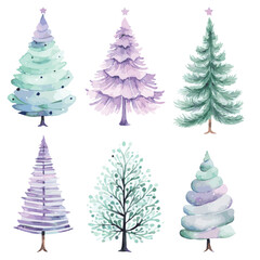 set of christmas trees mint green and purple lavender watercolor vector