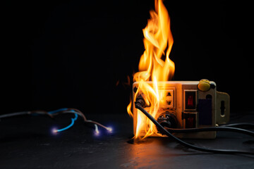 An electrical plug fire is caused by a short circuit of electrical current. Concept of prevention of danger. Using non-standard equipment, damaged equipment - obrazy, fototapety, plakaty