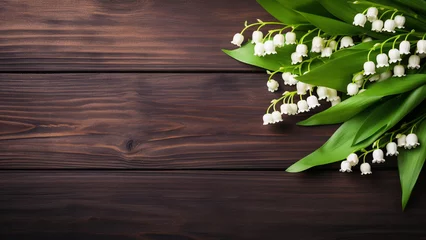 Zelfklevend Fotobehang  Lily of the Valley Flower on Wooden Background with Copy Space © icehawk33