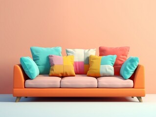 Colorful couch with colorful pillows on a light pink background generative ai