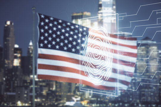 Multi exposure of virtual abstract fingerprint illustration on USA flag and blurry cityscape background, digital access concept