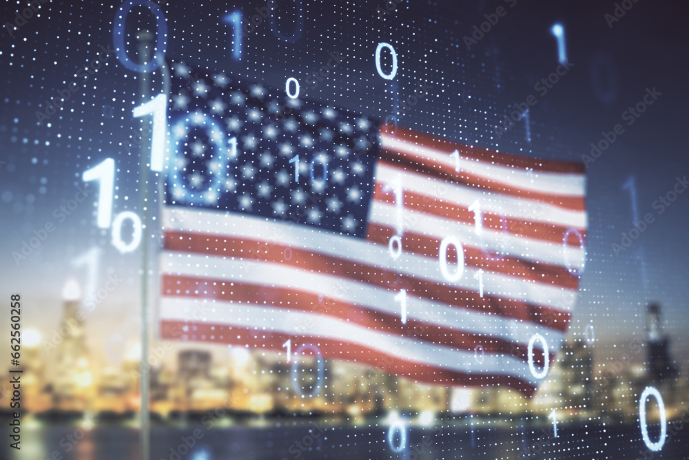Leinwandbilder Abstract virtual binary code sketch on US flag and city background, hacking and matrix concept. Multiexposure