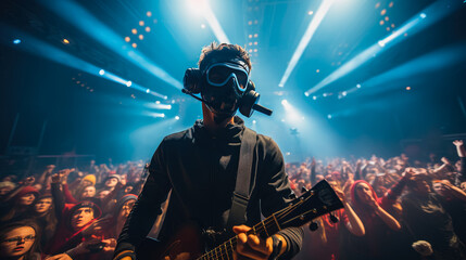 Vocalist of a popular rock band wearing a face mask on stage at a concert