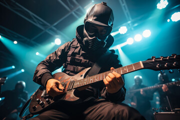 Obraz premium Vocalist of a popular rock band wearing a face mask on stage at a concert