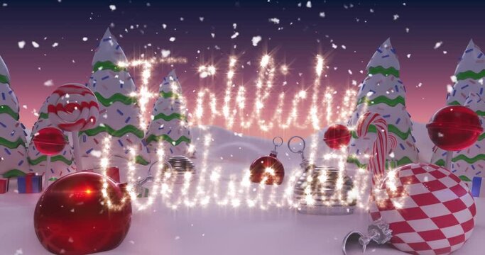 Animation of snow falling over frohe weihnachten text against decorations on winter landscape